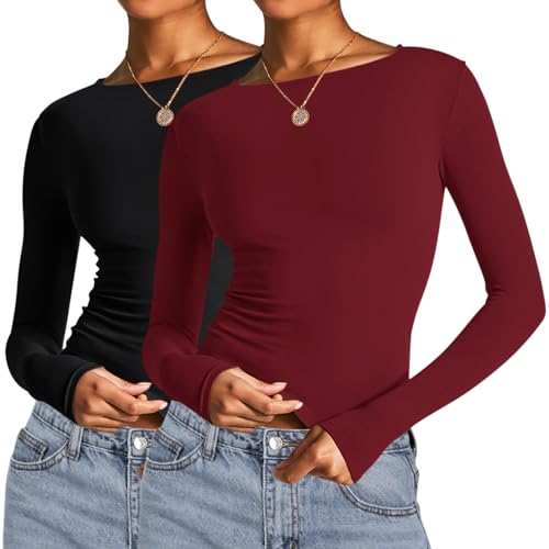 Image of AKEWEI Long Sleeve Crop Tops for Women 2 Pack Fall Going Out Outfits Cute Tight Basic Tees Shirt