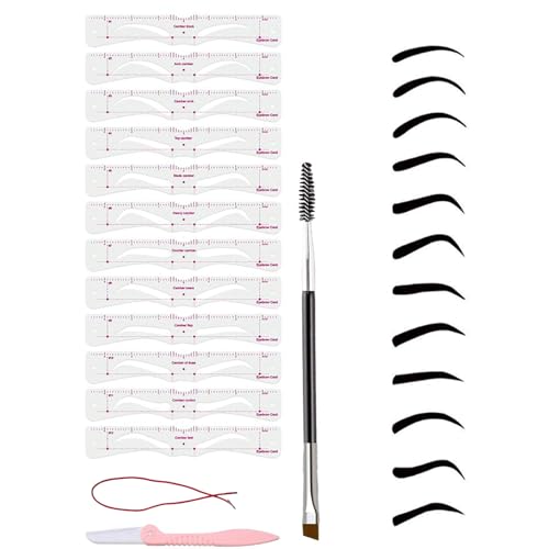 Eyebrow Stencil Shaper Kit,12 Pcs for Beginners Brush and Brow Razor Trimmer, Reusable DIY Eyebrow Stencils Template for 3 Minutes Makeup(with 1 Straps and 1 Eyebrow Razor Trimmer)