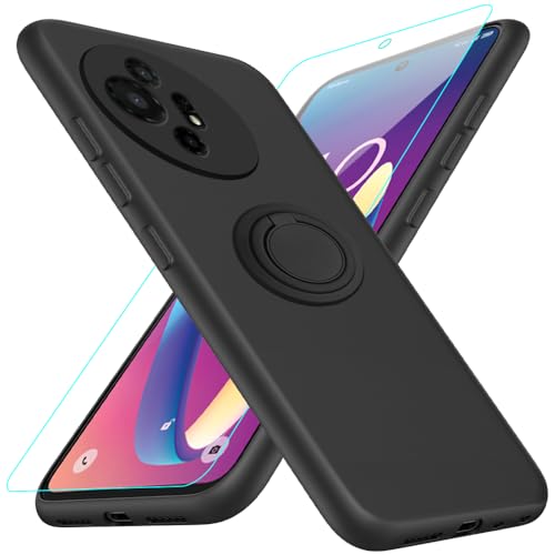 Nijiadi Compatible for TCL 50 XL 5G Phone Case with Glass Screen Protector 360 Rotatable Ring Holder Kickstand/Stand Silicone TPU Silm Fit Shockproof Protective Cover Case for TCL 50 XL 5G - Black
