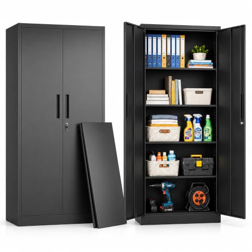 SAWJEC Metal Storage Cabinet with Lock, 72"H Tall Garage Storage Cabinet, Heavy Duty Steel Locking Cabinet with 4 Adjustable Shelves, Black File Cabinet for Home Office Workshop, 18"D x 35"W x 72"H