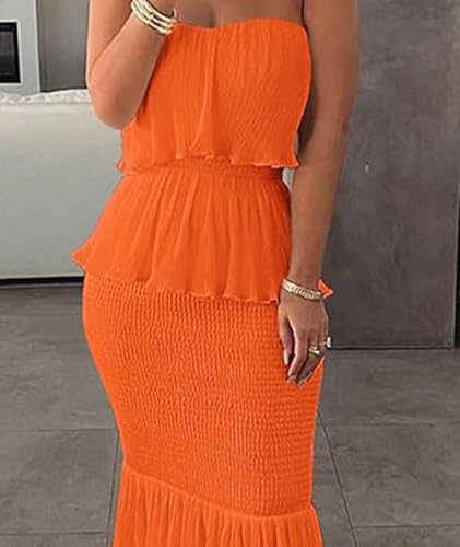 Image of SEMATOMALA Women's Boho Tube Top Tiered Ruffle Slim Fitted Maxi Dress Smocked Vacation Holiday Long Dress
