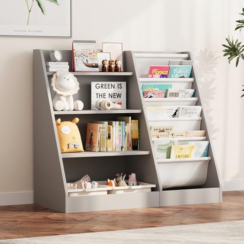 Image of NACHES Montessori Kid Bookshelf Toddler Bookcase Cabinet Children Book Rack Display Toy Storage Organizer 4 Tier 5 Sling Deep Sleeves Classroom Bedroom Nursery Playroom Wood (Grey)