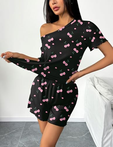 Image of Ekouaer 2 Packs Women Pajama Set Short Sleeve Sleepwear Soft Top and Shorts | Casual Pjs Outfits Ribbed Knit Lounge Set with Pockets