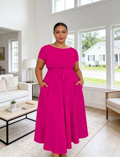 Image of Hostoyo Women Plus Size Formal A Line Maxi Dress Self Tie Waist with Pockets Elegant Round Neck Swing Long Dresses