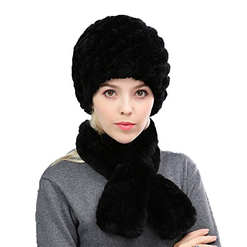 2PCs Cap Plus Scarf Womens Real Rex Rabbit Hair Hat and Real Rabbit Hair Neck Warmer Winter Warm