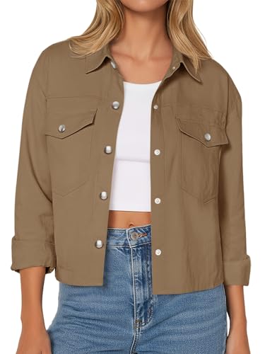 Image of Yousify Womens Cropped Casual Jackets Button Down Lapel Shacket Coats Short Outerwear with Pockets