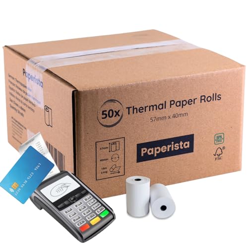 PAPERISTA Rouleau TPE dimensions 57mm x 40mm - Lot de 50 bobines de papier thermique pour TPE carte bancaire - Rouleau CB, 18m de long - Papier sans BPA