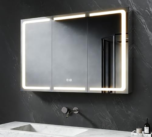 SVNR Spiegelschrank Bad 100x60x13cm Badschrank Mit 3 Glastüren, 3mm Kupferfreier Kosmetikspiegel, Verstellbare Regale, Edelstahl, Antibeschlag, Steckdose(Silber)