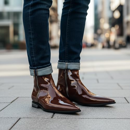 Image of Costoso Italiano Men's Dark Brown Patent Leather Zip Boots | Luxury Pointed Toe Ankle Boots for Men | Handmade High-Shine Formal Wear Boots