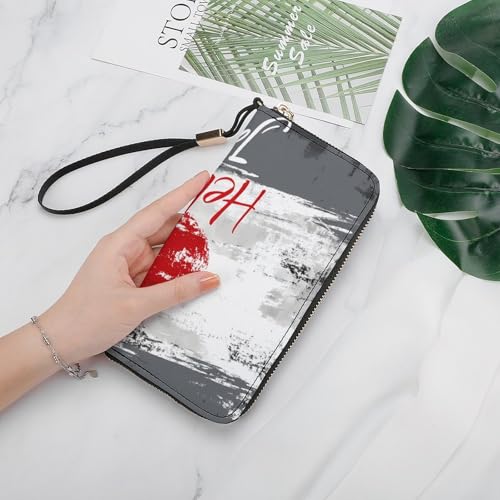 Japanese Flag Hello Japan Women's Leather Clutch Wallet with Zip Card Holder Hand Strap Large Capacity4