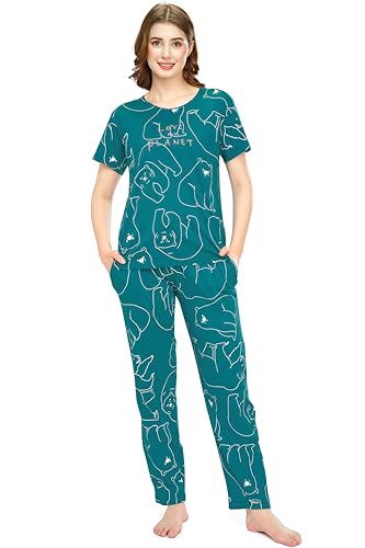 Image of ZEYO Night Suit for Women's Polar Bear Printed Cotton Night Dress of Top and Pajama Set 5776