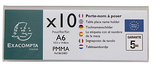 Exacompta 86358D 10er Pack Tisch-Namensschilder Querformat DIN A6 gefaltet aus hochwertigem Acryl beidseitig verwendbar UV beständig 15,0x5,5 cm Tischaufsteller Tischschild transparent
