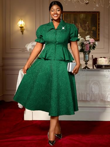 AOMEI Summer 2 Piece Formal Outfits for Women Floral Jacquard Button Down Peplum Top A Line Midi Wedding Guest Skirt Sets3