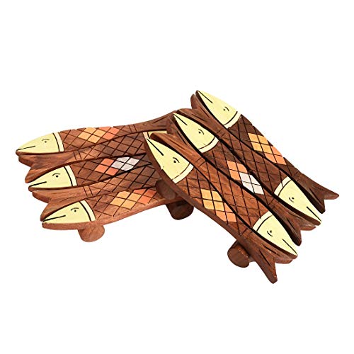 Image of Aakriti Art Creations Hand Painted Fish Wooden Coaster (Set of 2)