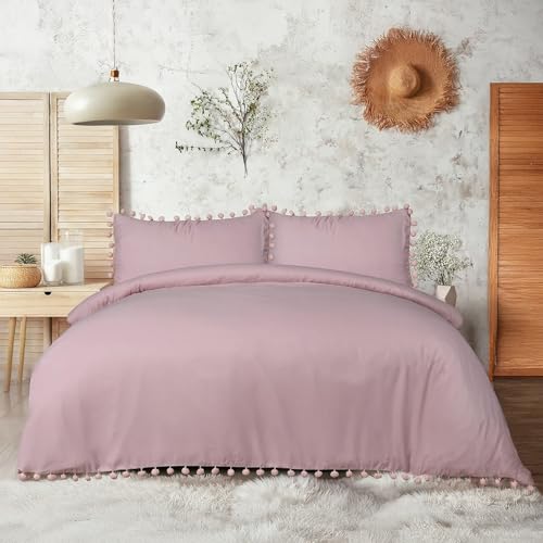 Sleepdown Pom Pom Blush Pink Luxury Easy Care Plain Duvet Cover Quilt Bedding Set with Pillowcases - King (220cm x 230cm)