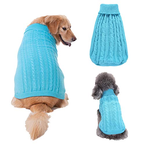 Image of Dog Sweater Soft Warm Turtleneck Knitted Clothes for Small Medium Large Pet | Comfy Wool Knit, Turtleneck & Classic Design, Easy on /off, Warm Winter Girls Boys Dogs Christmas Sweaters, Blue, 3XL