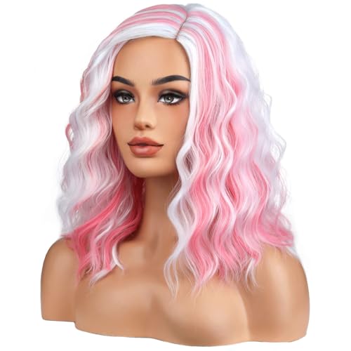 Image of BERON ERON White and Pink Wigs for Women Short Curly Wavy Hair Wig Girls Mixed Highlights Color Synthetic Costume Cosplay or Use Wig