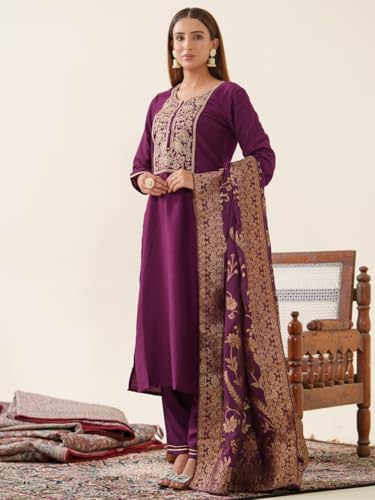 Image of Kaari Women's Embroidered Kurta Set with Pant & Dupatta | Ethnic Kurta Set for Women | Straight Fit | Round Neck | Festive, Wedding, Ceremony