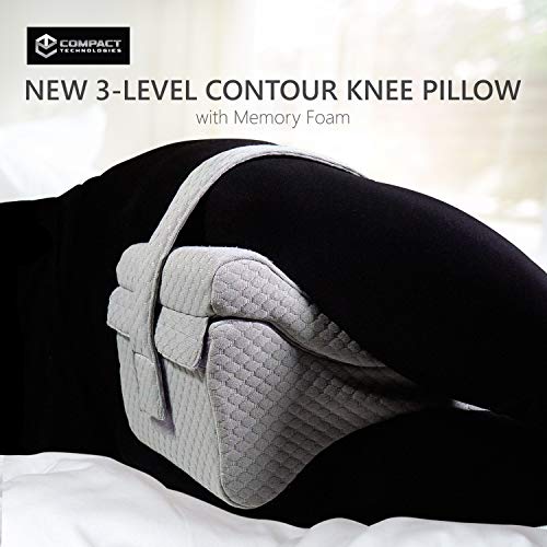 Knee Pillow w/Strap - New 3-Level Contour Memory Foam Leg Separator & Side Sleeper Design, Large to Small Support & Hip Alignment for Lower Back, Joint, Nerve, Sciatica & Pregnancy Pain Relief