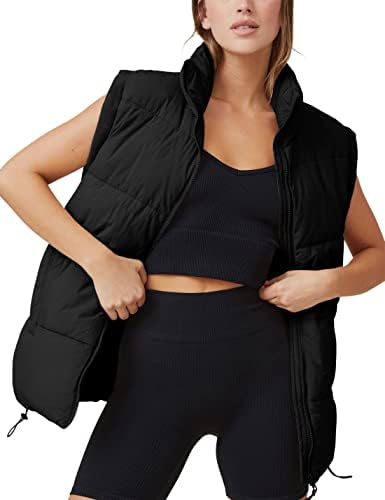 Huaqiao Women's Quilted Puffer Vest Lightweight Sleeveless Padded Gilet Jacket Stand Collar Warm Outerwear(Black-M)