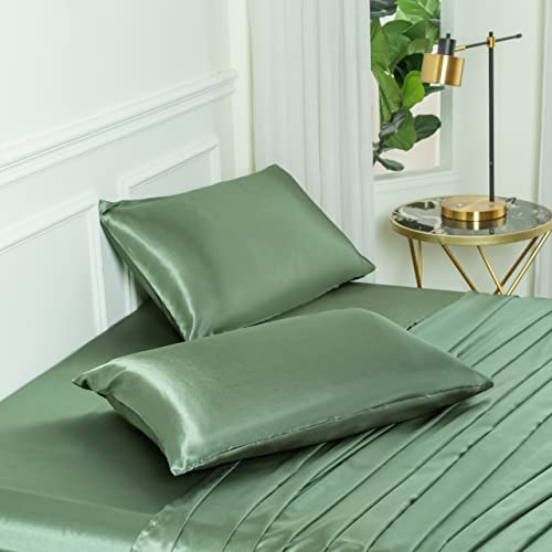 Koreyoshi 4 Pcs Satin Sheets Queen - Silk Silky Super Soft Extra Deep Pocket Queen Sheet Sets - Wrinkle & Fade Free - Deep Pocket Fitted Sheet, Flat Sheet, Pillow Cases (King, Emerald Green) #TOP1
