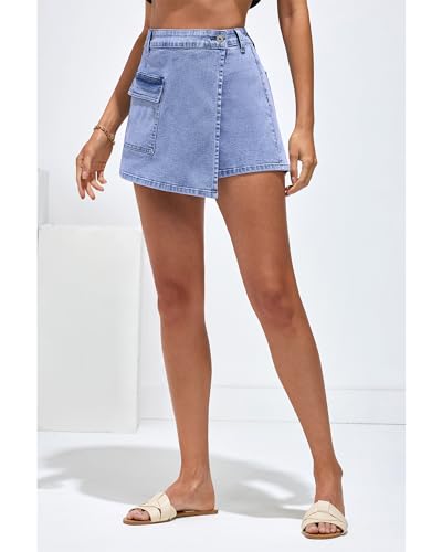 luvamia Saia jeans feminina cargo Faux Wrap Jean Skort Saia elástica cintura alta Shorts Country Con