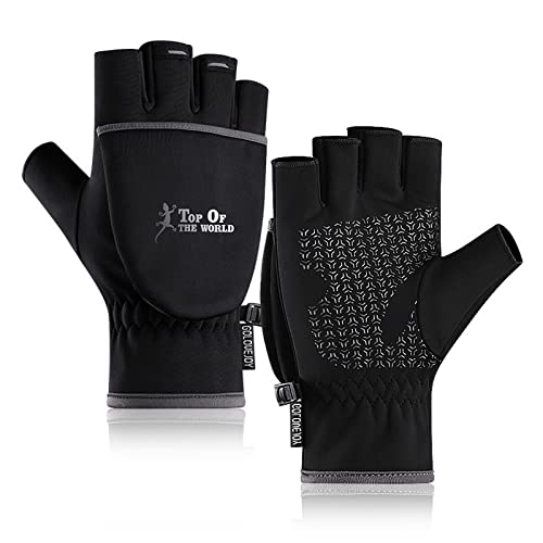 HITNEXT Gants de vélo noirs - Pour l'hiver - Convertible - Mitaines rabattables - Pour VTT, moto, pêche, écran tactile - Pour homme et femme