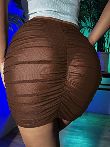 Women's Solid Ruched Sheer Mesh Skirt2