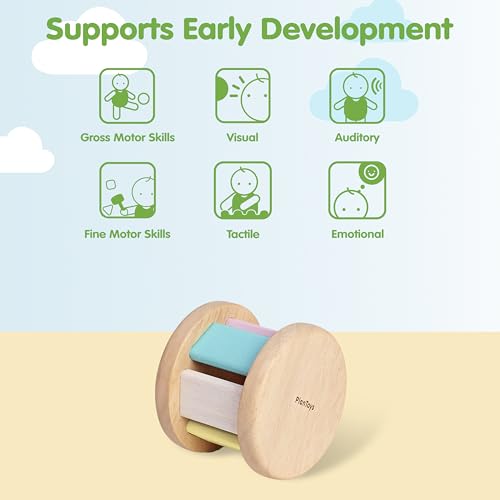 Image of PlanToys Pastel Wooden Roller Toy for Babies | Montessori Sensory Toy with Gentle Rattle Sound | Eco-Friendly Crawling & Motor Skill Toy for Infants 6+ Months