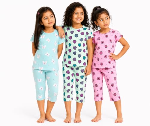 Image of NammaBaby Girl Cotton Night Suit Tshirt Shorts Capri Pyjama Set - Multipacks