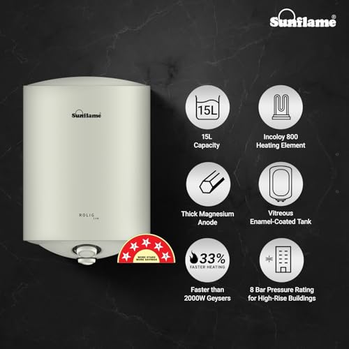 Image of Sunflame Rolig 3kW Geyser 15 Litre Water Heater for Home | 33% Faster Heating | BEE 5 Star Rating | Vitreous Enamel Tank Coating | Free PAN India Installation & Flexi Pipes | White