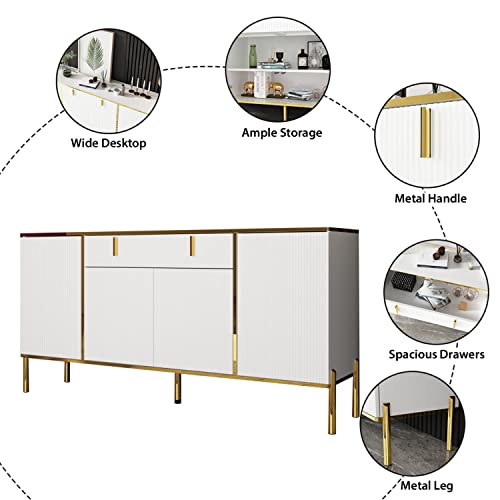 Famapy Modern Credenza Sideboard Buffet With Drawer & Pop-Up Doors, Buffet Sideboard Storage Cabinet With Gold Metal Legs, For Living Room Hallway White And Gold (63”W X 15.7”D X 31.5”H) #TOP4