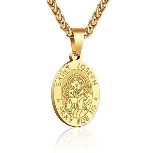 P. BLAKE Oval Saint Christopher/Michael/Joseph/Jude/Virgin Mary/Joseph/Francis/Patrick/Anthony/Benedict/Thomas Necklace for Men Women, Stainless Steel Catholic Patron Pendant with Chain 24 Inches