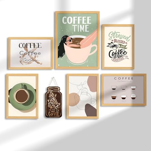 Image of Art Street MDF Wooden Set Of 7 Coffee Quote Rectangular Wall Art Print,Coffee Obsessed Theme Framed Vintage Wall Posters For Home Kitchen,Living Room,& Hotel Decor(Size,9.3X12.7 & 12.7X17.5 Inch)