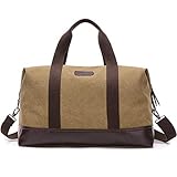 Unisex Canvas Travel Tote Weekender Overnight Bag Leather Duffel Carry on Bag (Khaki)