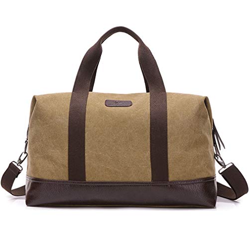 Sunshinejing Unisex Canvas Travel Tote Weekender Overnight Bag Leather Duffel Carry on Bag (Khaki)