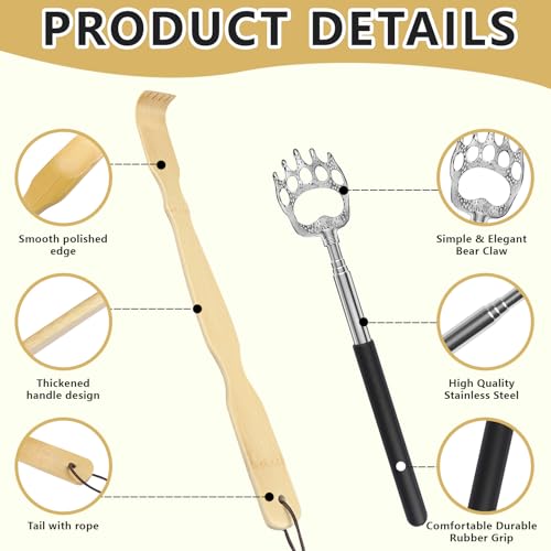 Image of 4Pcs Back Scratcher Set, Bamboo & Extendable Stainless Steel | Bear Claw Back Scratcher,BackScratcher Gift for Elderly Men Women Adults (Natural+Black)