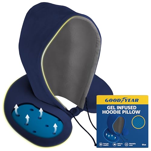 Image of Goodyear Travel Pillow with Hood - Neck Support for Comfortable Travel, Hooded Neck Pillow for Flights and Road Trips, Navy