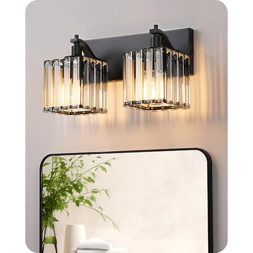 EDISHINE Bathroom Vanity Light Fixtures, 2 Light Crystal Bathroom Lighting Fixtures Over Mirror, Modern Wall Sconce for Powder Room, Bedroom, E26 Base, Black