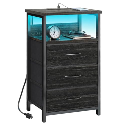 Image of Fixwal Night Stand with Charging Station, LED Nightstand with Fabric Drawers, End Table with PU Finish, Bed Side Table, Black Oak