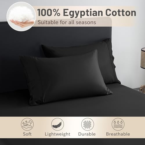 MEISHANG Extra Deep Pocket Queen Sheets Cotton - 1000 Thread Count Sheets - Fits 18"-24" in Deep Mattress,100% Egyptian Cotton,Sateen Weave, Soft & Breathable - 4 Piece (Queen, Black)