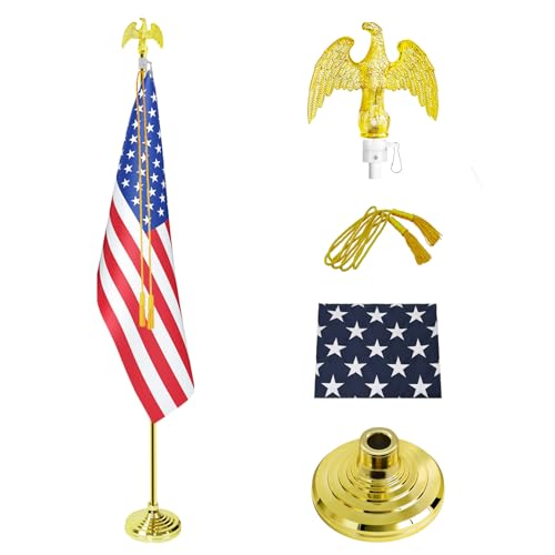 SCZS Indoor Flag Pole Kit - Telescoping 6FT-8FT Flag Pole with Base 3x5 FT American Flag Eagle Topper Gold Braided Cord Tassel - Glod Flagpole and Stand for Office School City Hall(1Pack)
