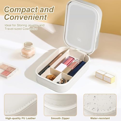 Image of INOVERA (LABEL) Makeup Organizer Bag for Women & Girls - Stylish Compact Faux Leather Vanity Box - Travel Cosmetic Organiser Case with LED Mirror (White)