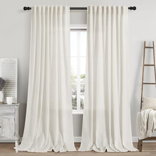 Image of Cream Linen 102 Inch Long Curtains for Living Room 2 Panels Back Tab Rod Pocket Cream Semi Sheer Extra Long Curtains Linen Soft Material Light Filtering Window Panel Drapes for Dining Room 60x102