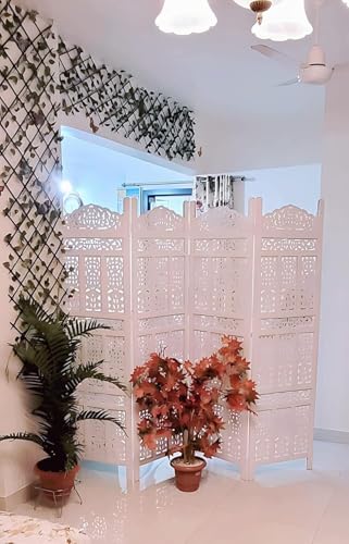 Image of Wooden Room Divider 6 Feet, 4-Panel Folding Wooden Partition for Living Room, Office, Pooja Room, Restaurant, Kitchen & Balcony (2W x 1.82H Meters). (White-Floral Pattern)