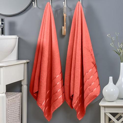 Image of Elegant Comfort 100% Turkish Cotton 4 Lines Viscose Stripe Luxury 2 Pack Bath Towel Set 27 x 54 Inch - Super Soft and Highly Absorbent Premium Hotel Spa Quality Towels for Bathroom Use, Coral