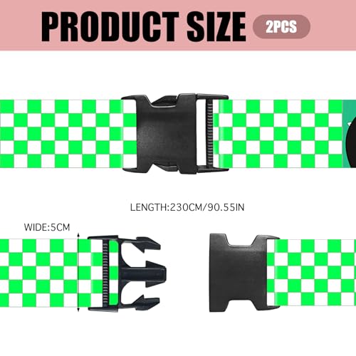 Image of Nuxovilar Luggage Straps Set for Suitcase 1.96x71in Polyester | Cargo Strap Travel Belt Security Buckle Band Sports Themed Trip Family Vacation Gym (Green Checkerboard)