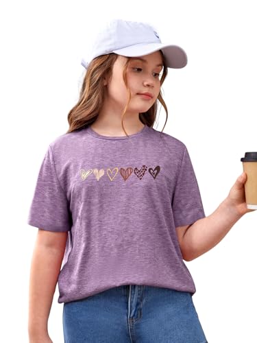Image of OYOANGLE Girl's Heart Print Short Sleeve Round Neck T-Shirt Funny Graphic Tees Cute Top Purple 10Y