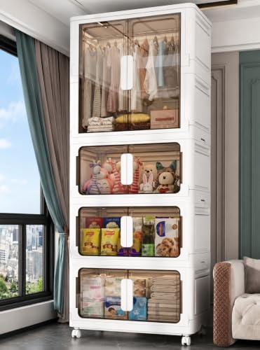 Image of Plastic Wardrobe for Cloths | 4 Layer Stackable Almirah with Hanging Rod, Transparent Doors, Wheels | Foldable Storage Cabinet Organizer for Clothes /Books /Toys (Double -White, 4-Door)