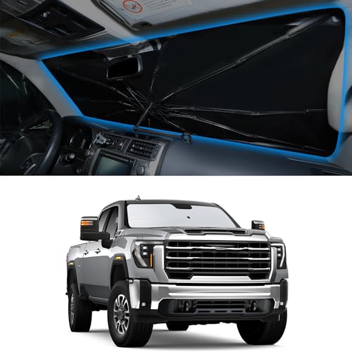 Image of Windshield Sun Shade Umbrella for 2019-2026 GMC Sierra 1500 2500 3500 | Full covered for windshield, Block UV Rays, Heat Reduction, Easy to install, Durable & Fold Up Small